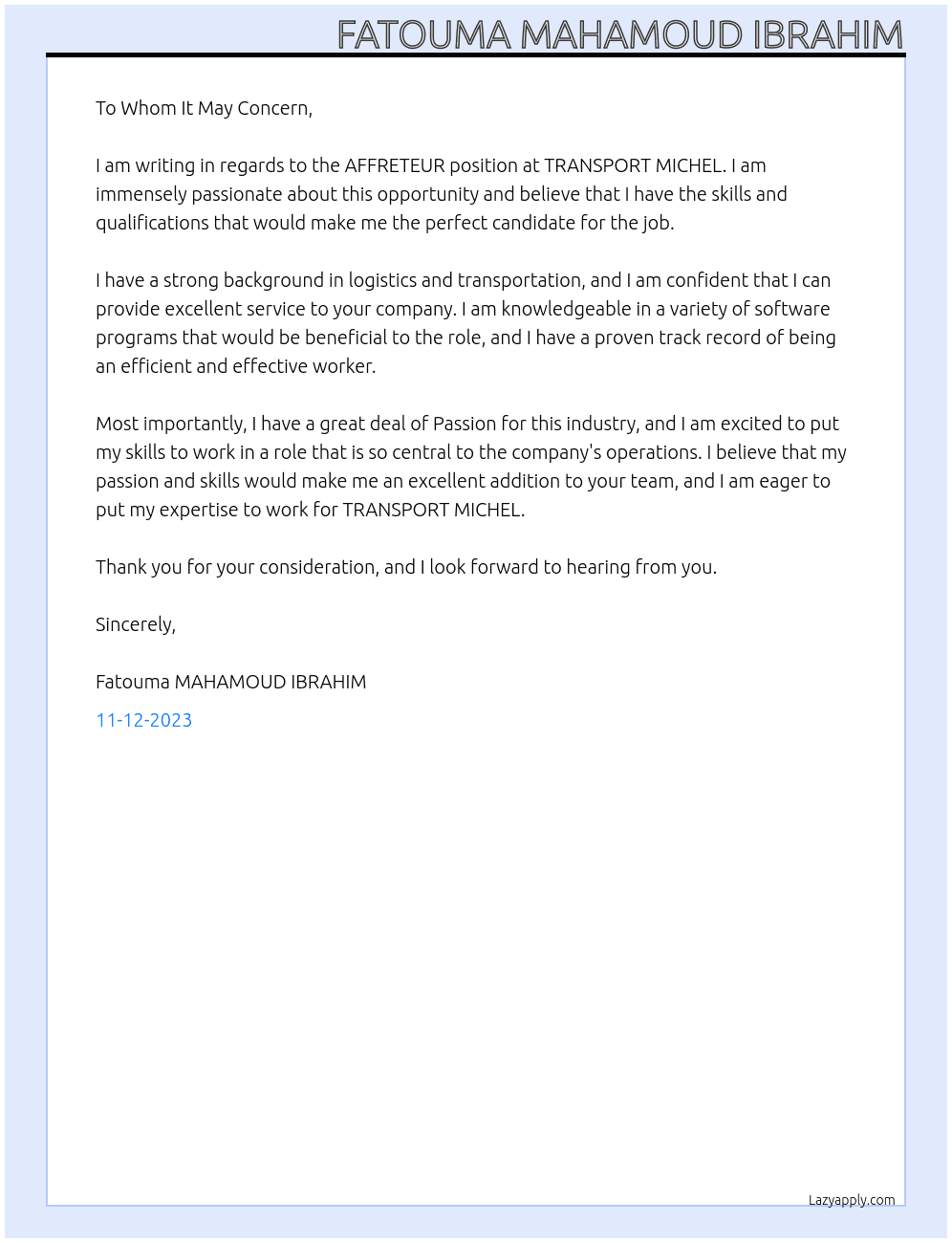 AFFRETEUR At TRANSPORT MICHEL Cover Letter