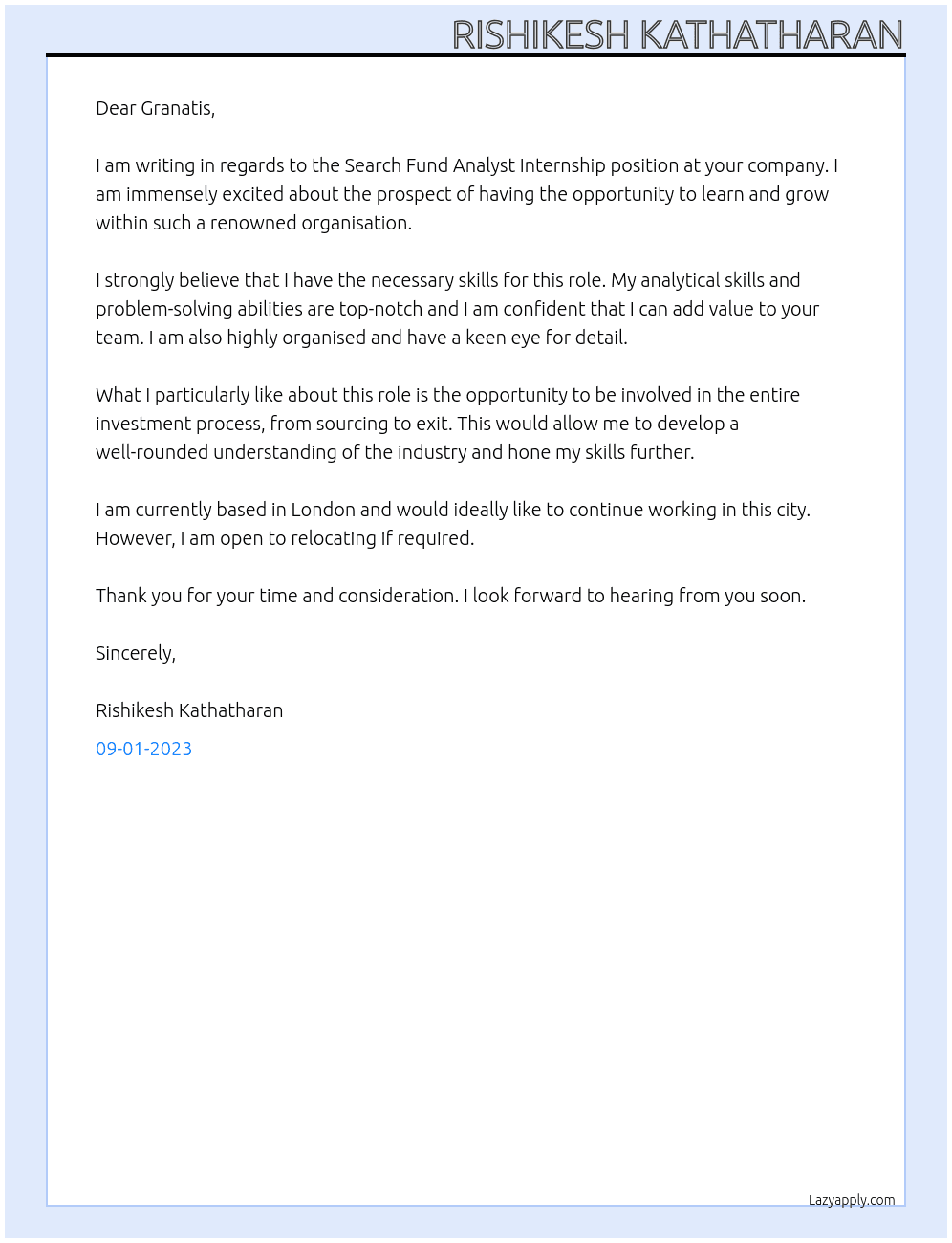 Search Fund Analyst Internship At Granatis Cover Letter