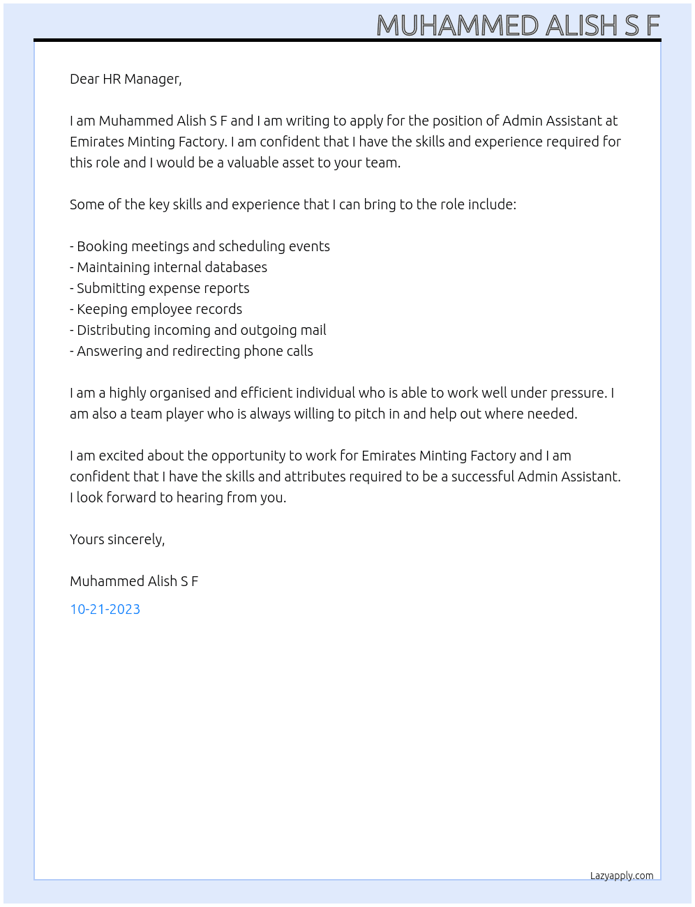 Admin Assistant  At Emirates Minting Factory  Cover Letter