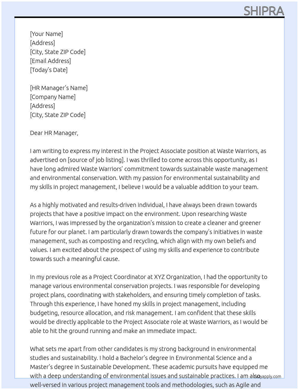 Project Associate At Waste Warriors Cover Letter
