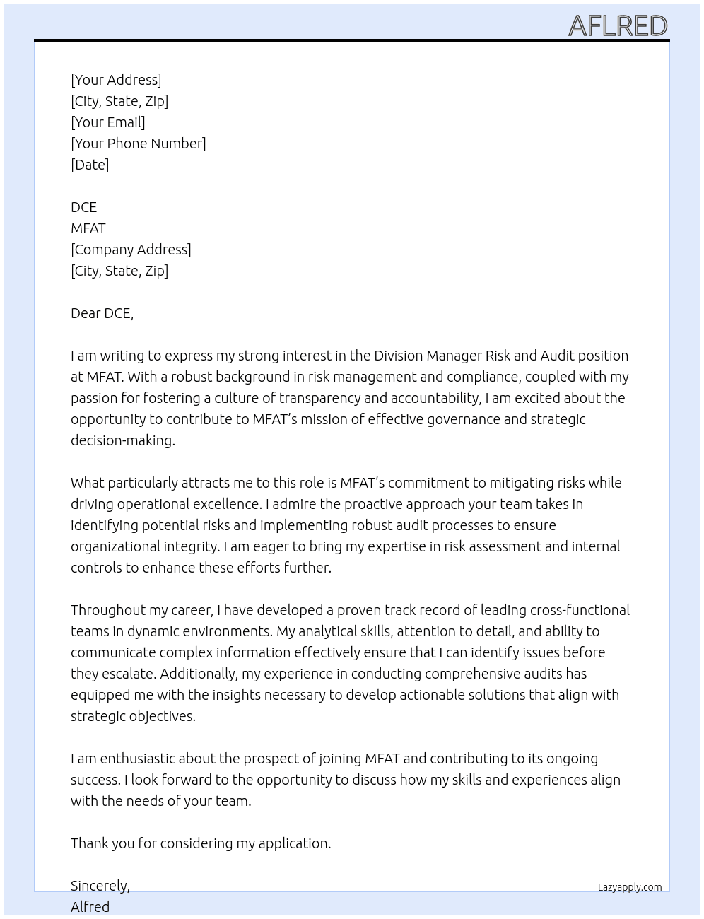 Division Manager Risk and Audit At MFAT Cover Letter