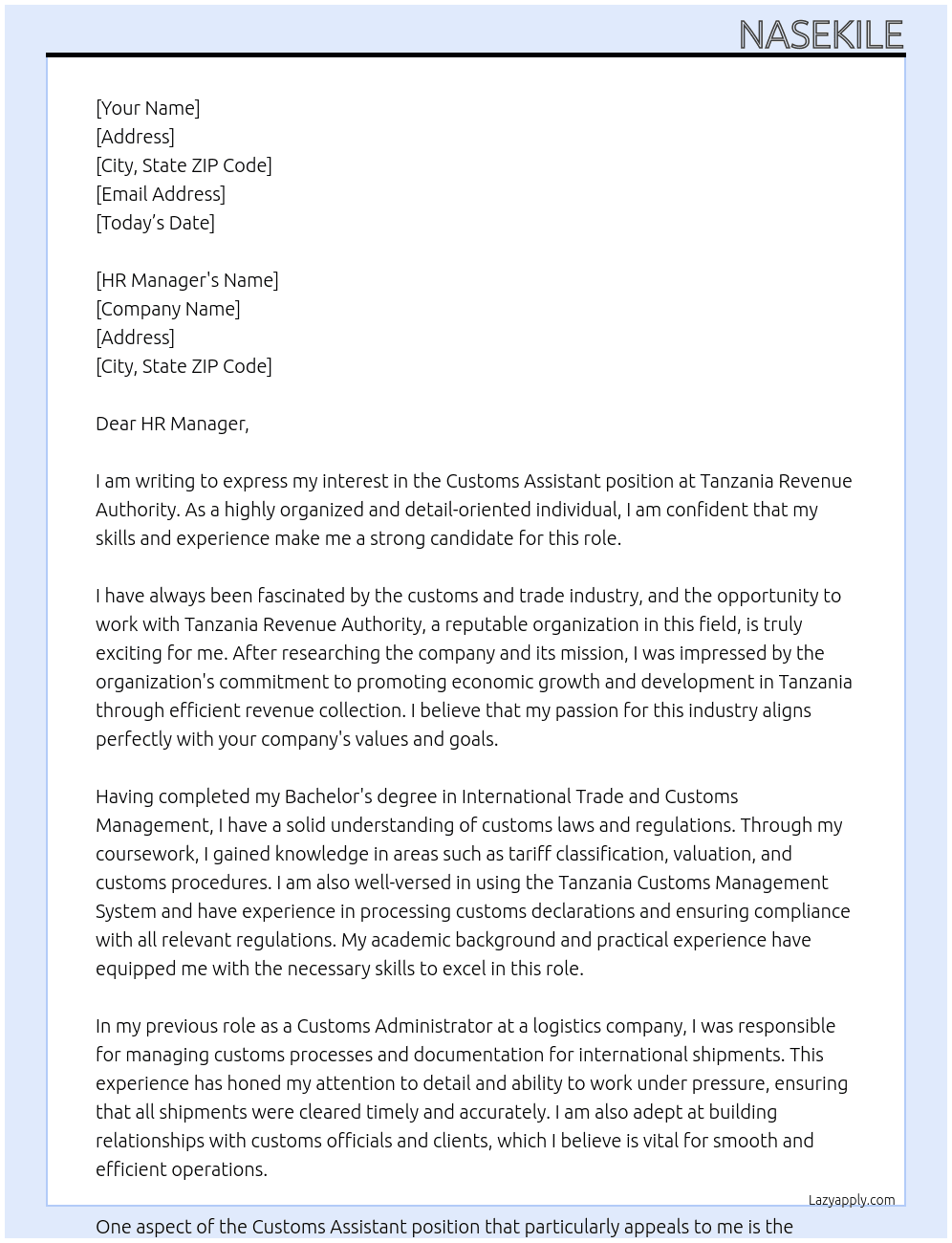 Cover letter for customs assistant - LazyApply