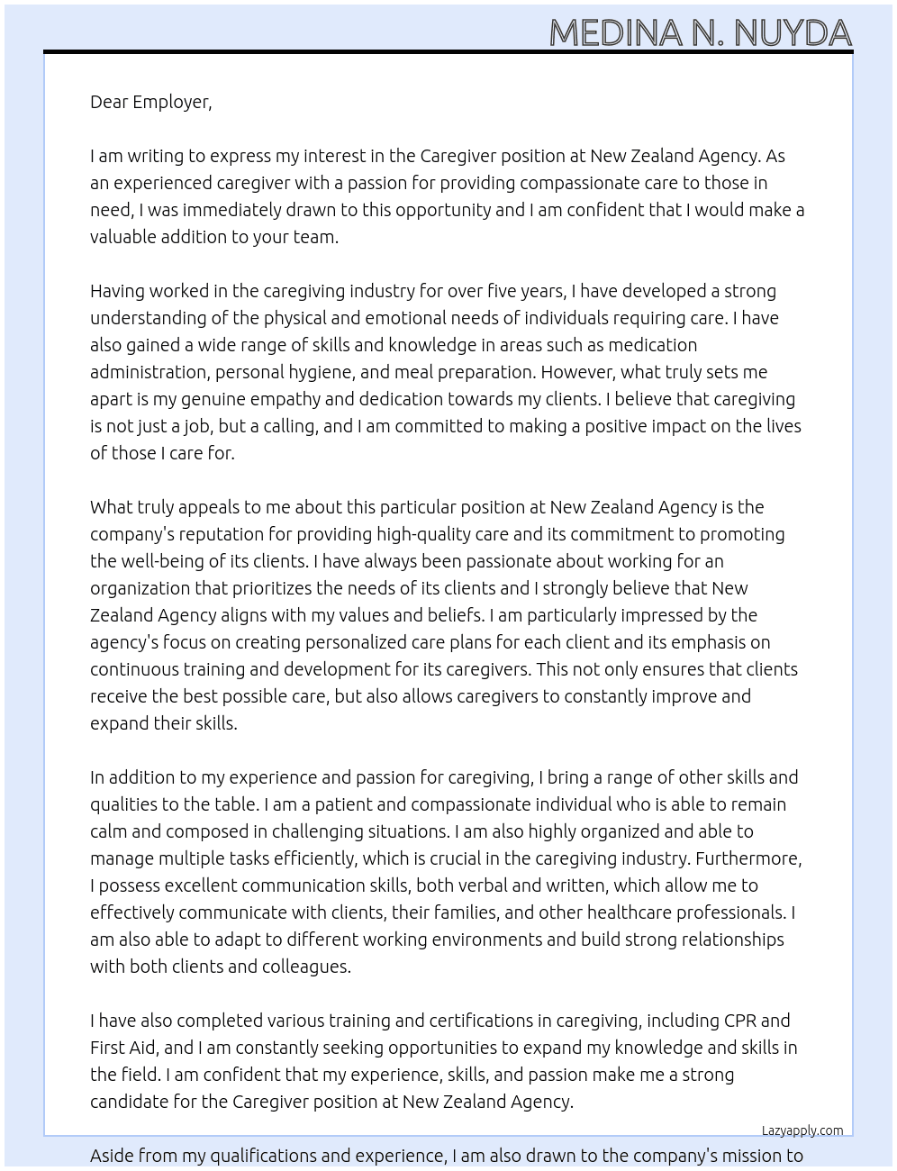 caregiver At New Zealand Agency Cover Letter