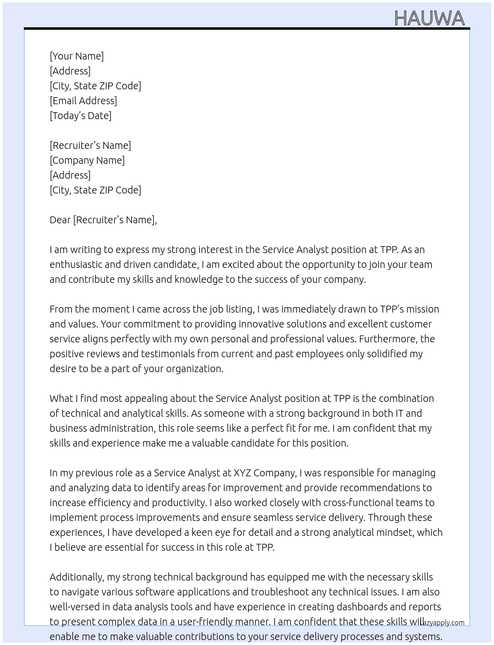 service analyst  At tpp Cover Letter