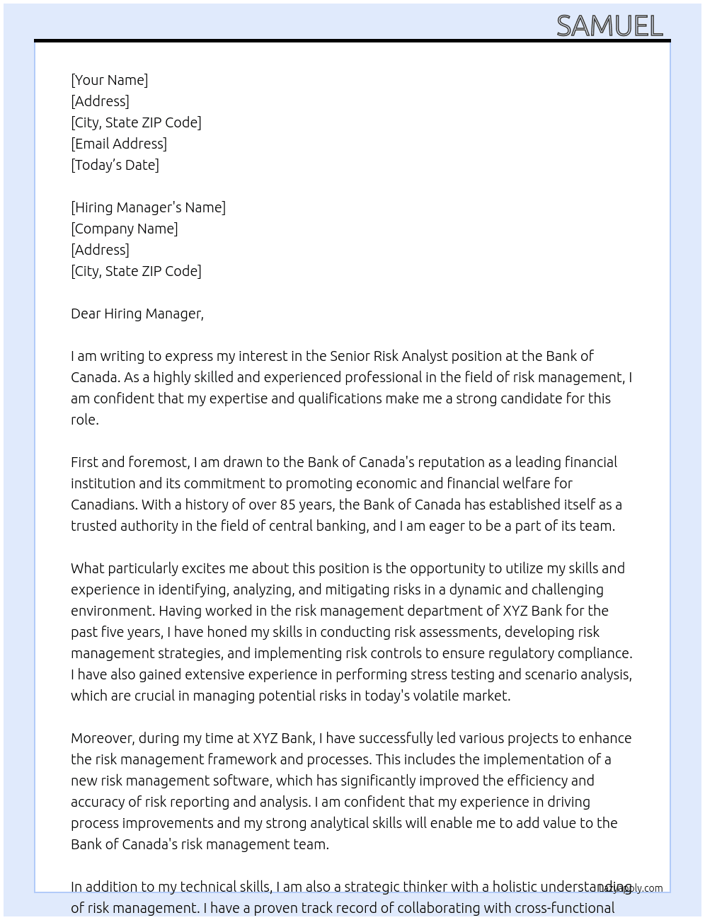 Senior Risk Analyst At Bank of Canada Cover Letter