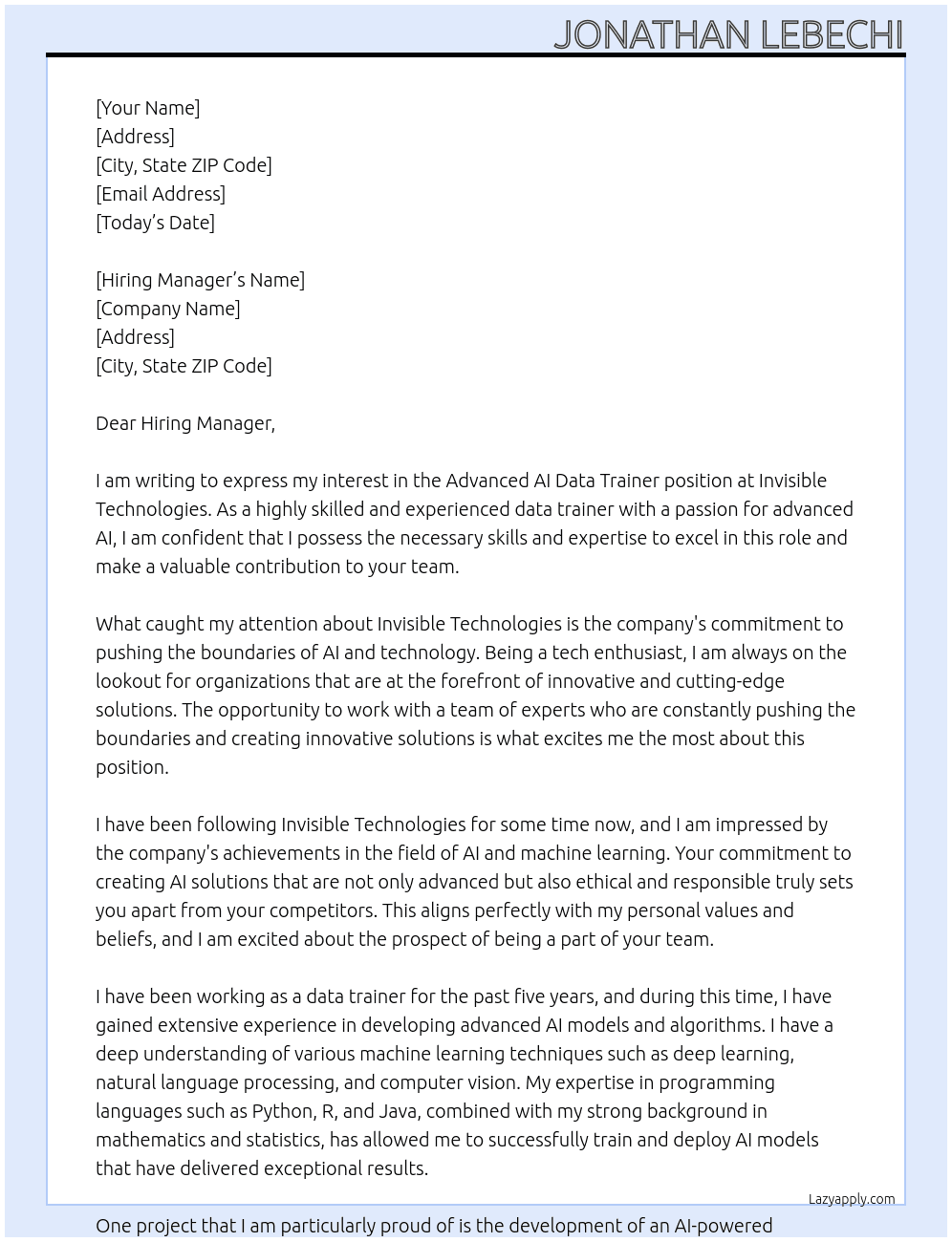 advanced ai data trainer At Invisible Technologies Cover Letter