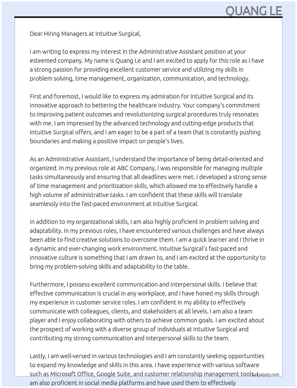 Administrative Assistant At Intuitive Surgical Cover Letter