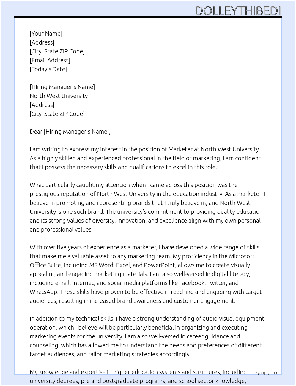 marketer At North West University Cover Letter