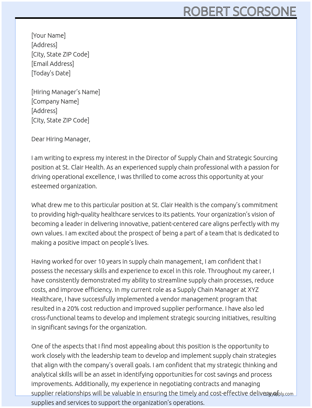Director of Supply Chain and Strategic Sourcing At St. Clair Health Cover Letter