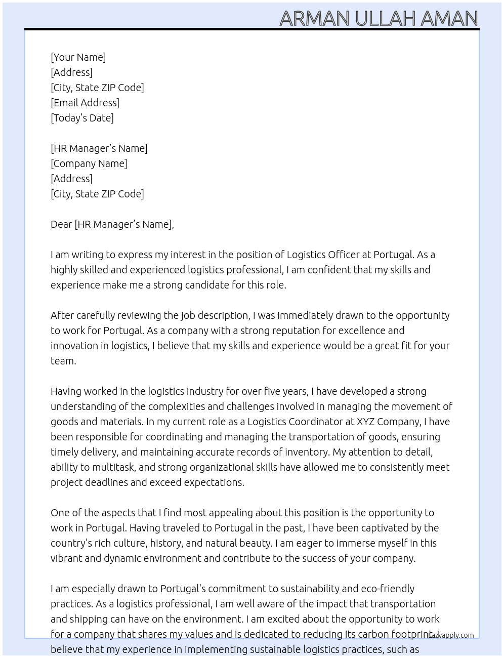 Logistics officer  At Portugal Cover Letter