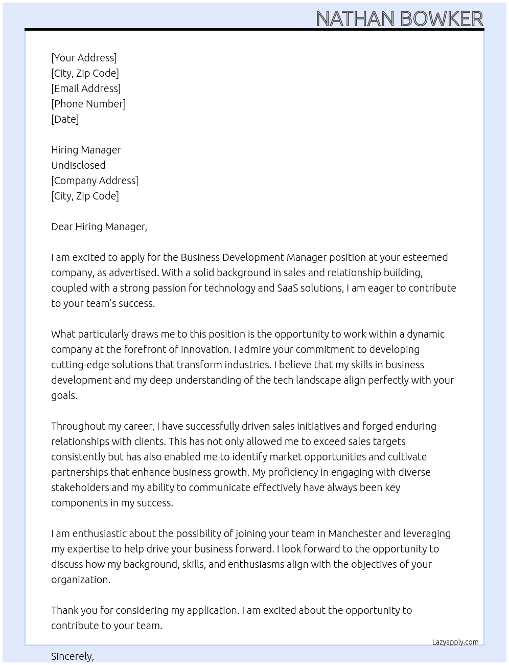 Business Development Manager  At Undisclosed Cover Letter