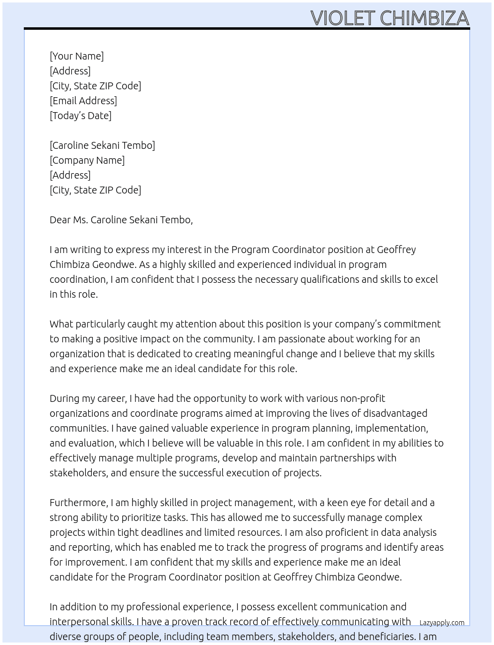 Program Coordinator At Geoffrey Chimbiza Geondwe  Cover Letter