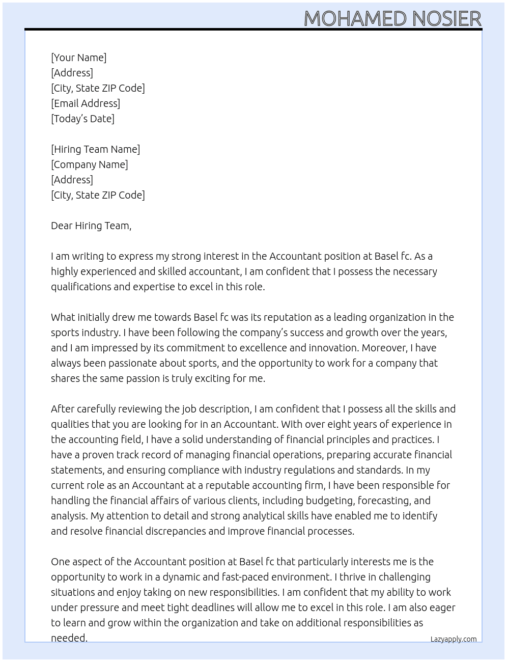 Accountant  At Basel fc Cover Letter