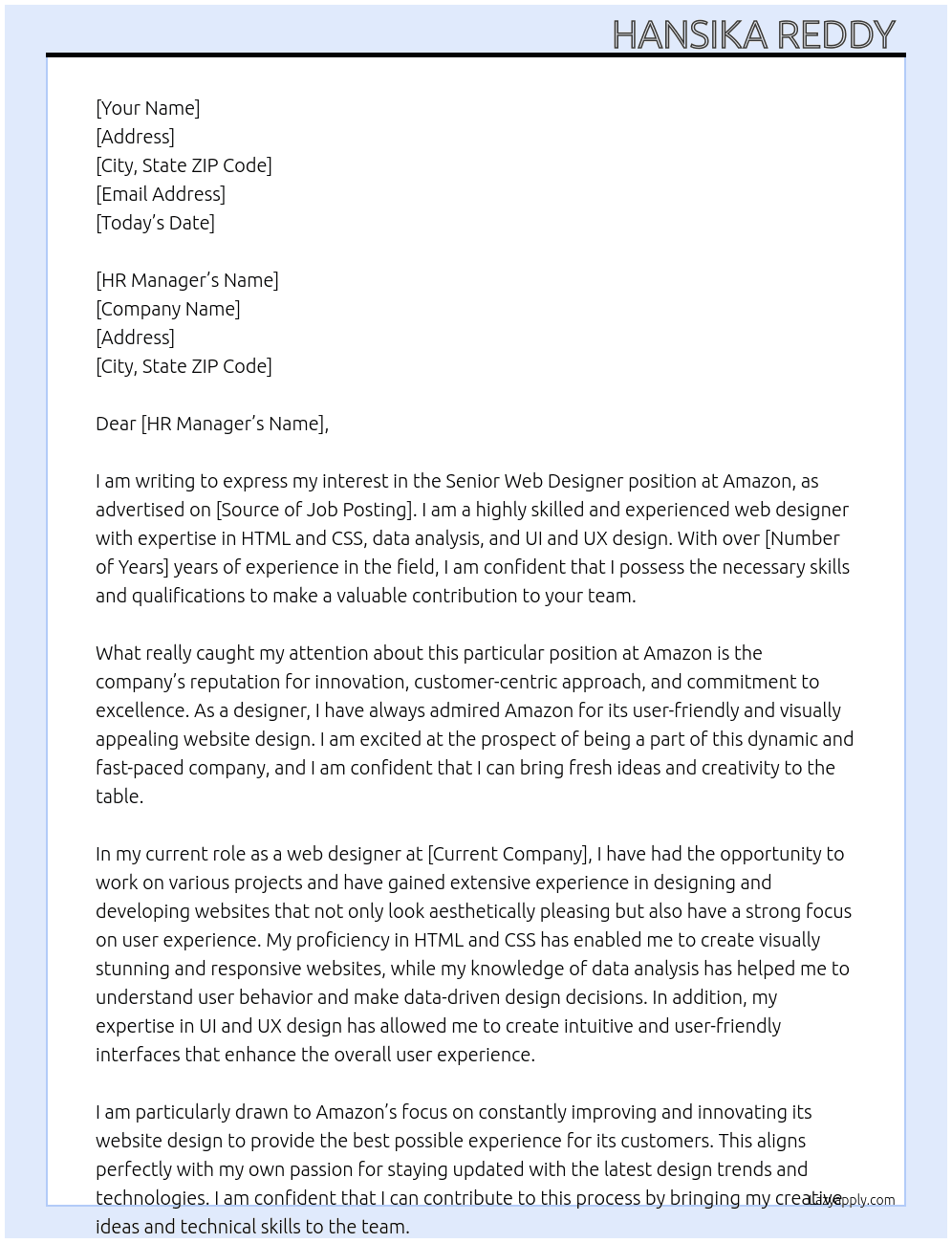 Senior web designer  At Amazon Cover Letter