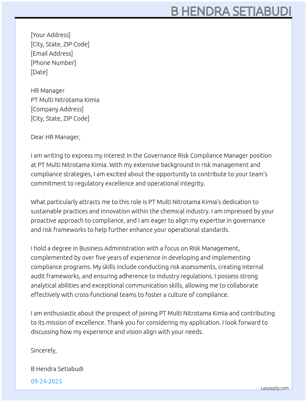 Governance Risk Compliance Manager At PT Multi Nitrotama Kimia Cover Letter