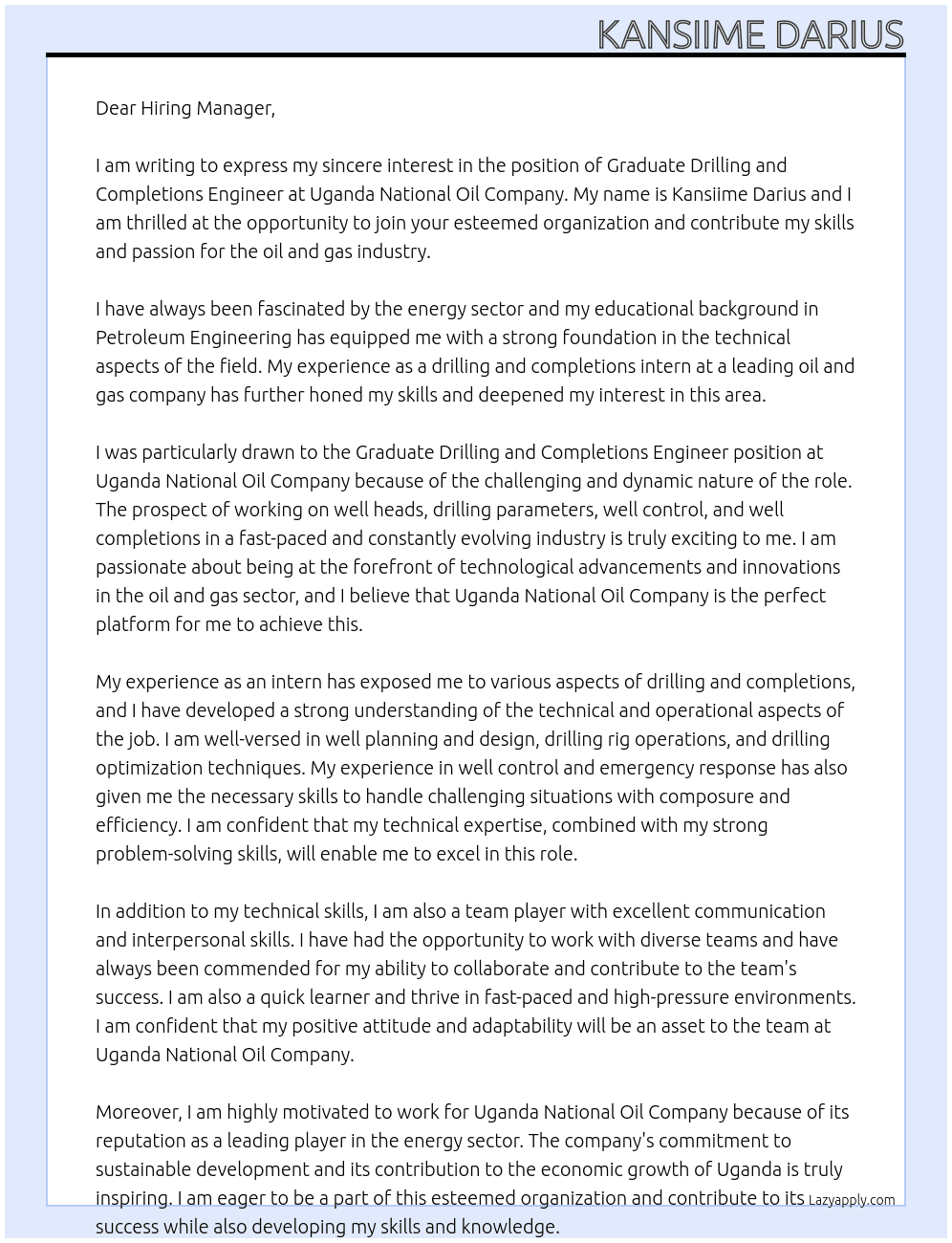 Graduate Drilling and Completions engineer At Uganda National Oil Company Cover Letter