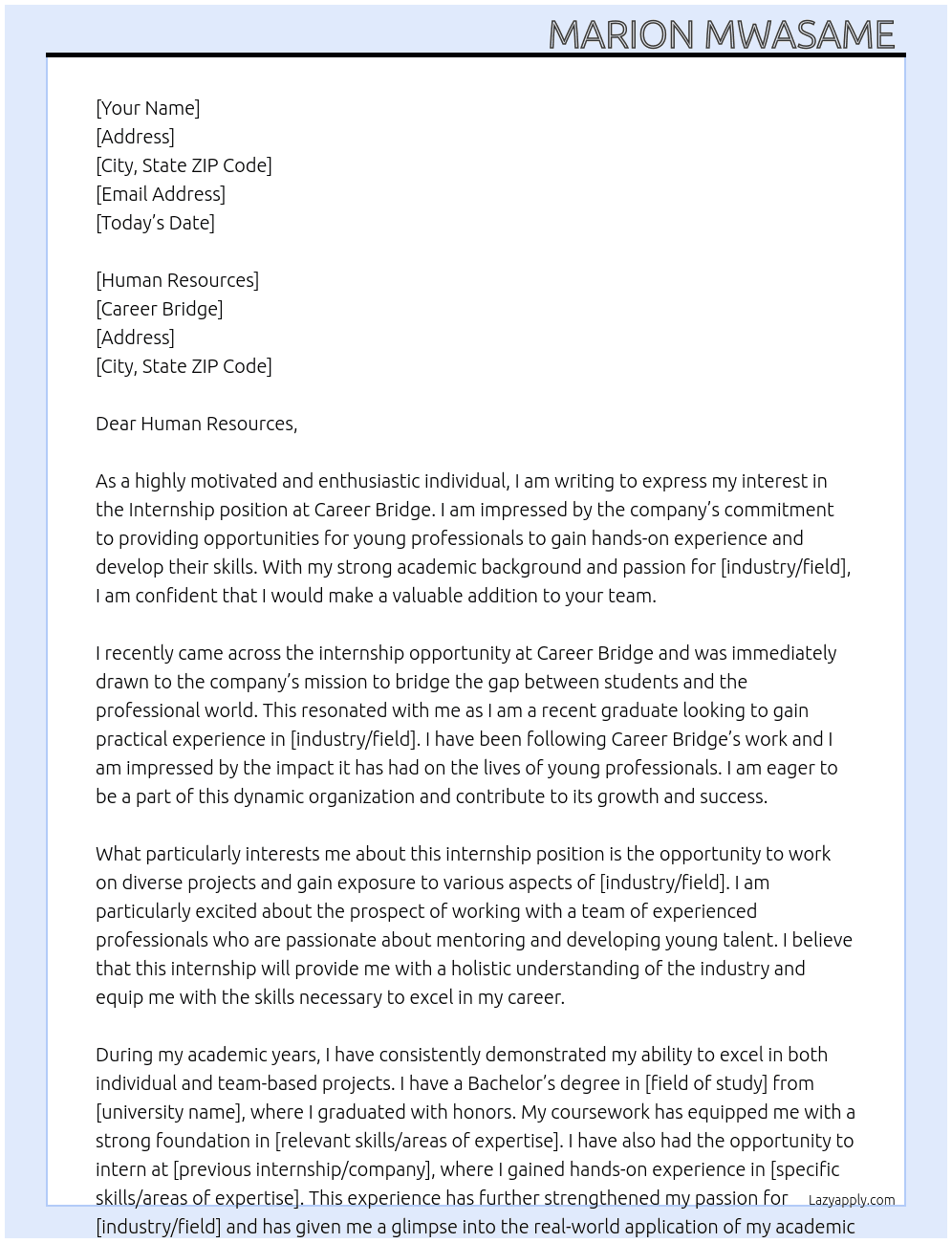 Internship  At Career bridge  Cover Letter