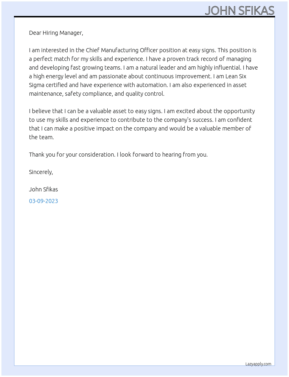 Chief Manufacturing officer At easy signs Cover Letter
