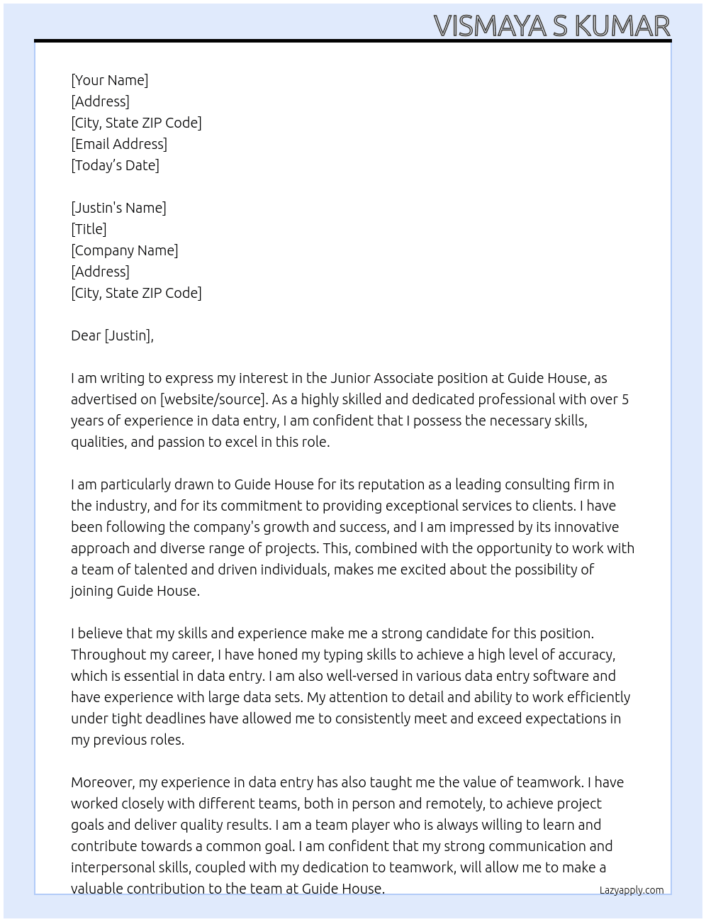 junior associate At guide house Cover Letter