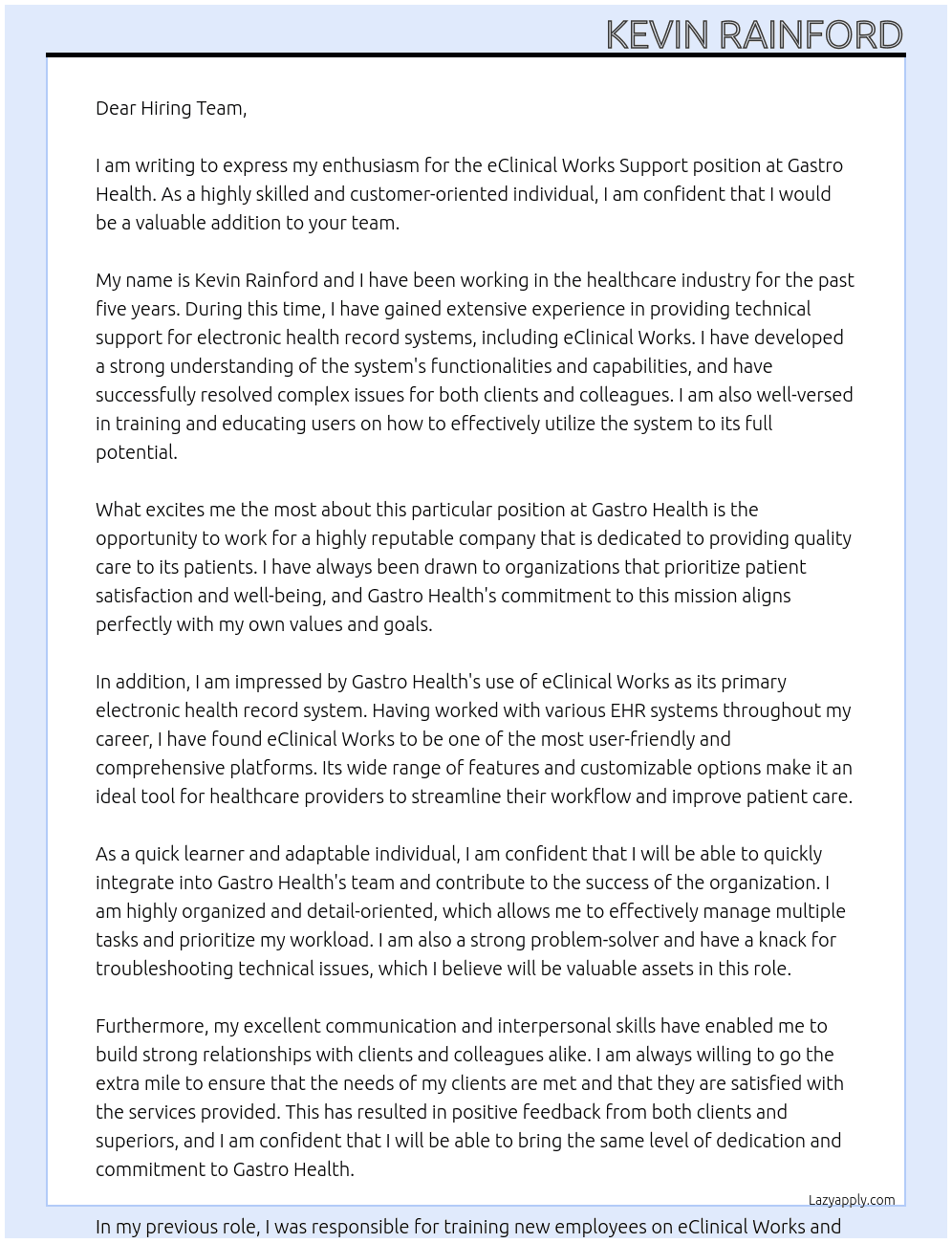 eClinical Works Support At Gastro Health Cover Letter