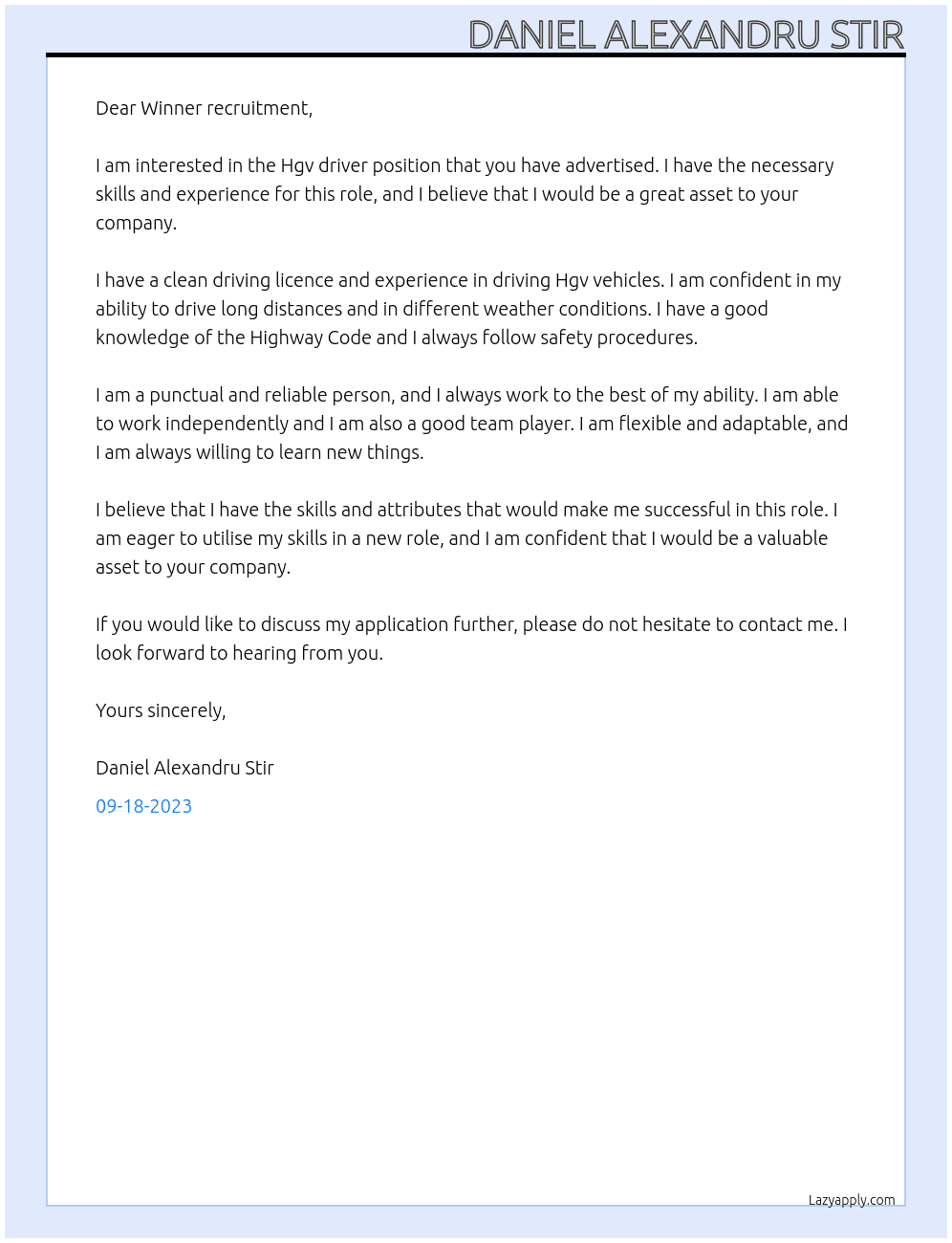 Hgv driver  At Winner recruitment Cover Letter
