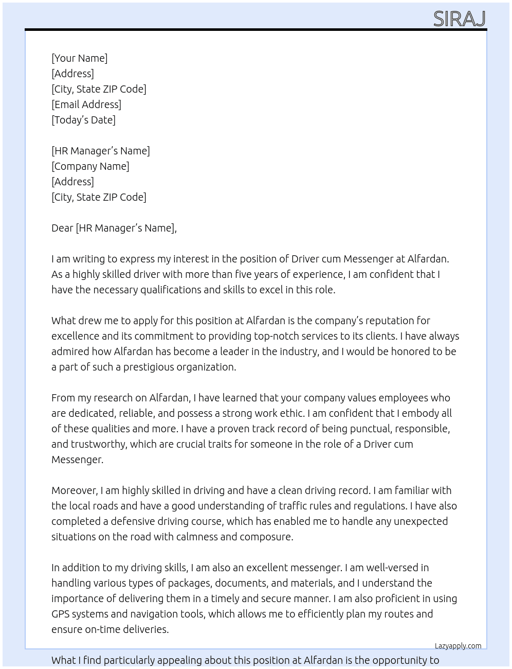 Driver cum messenger  At Alfardan  Cover Letter