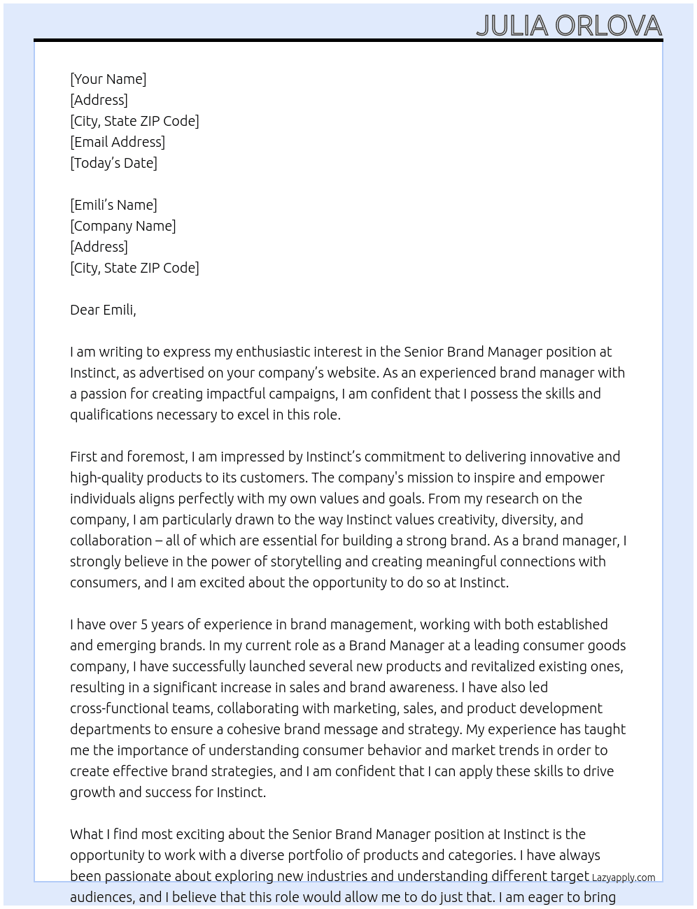 Senior Brand Manager At Instinct Cover Letter
