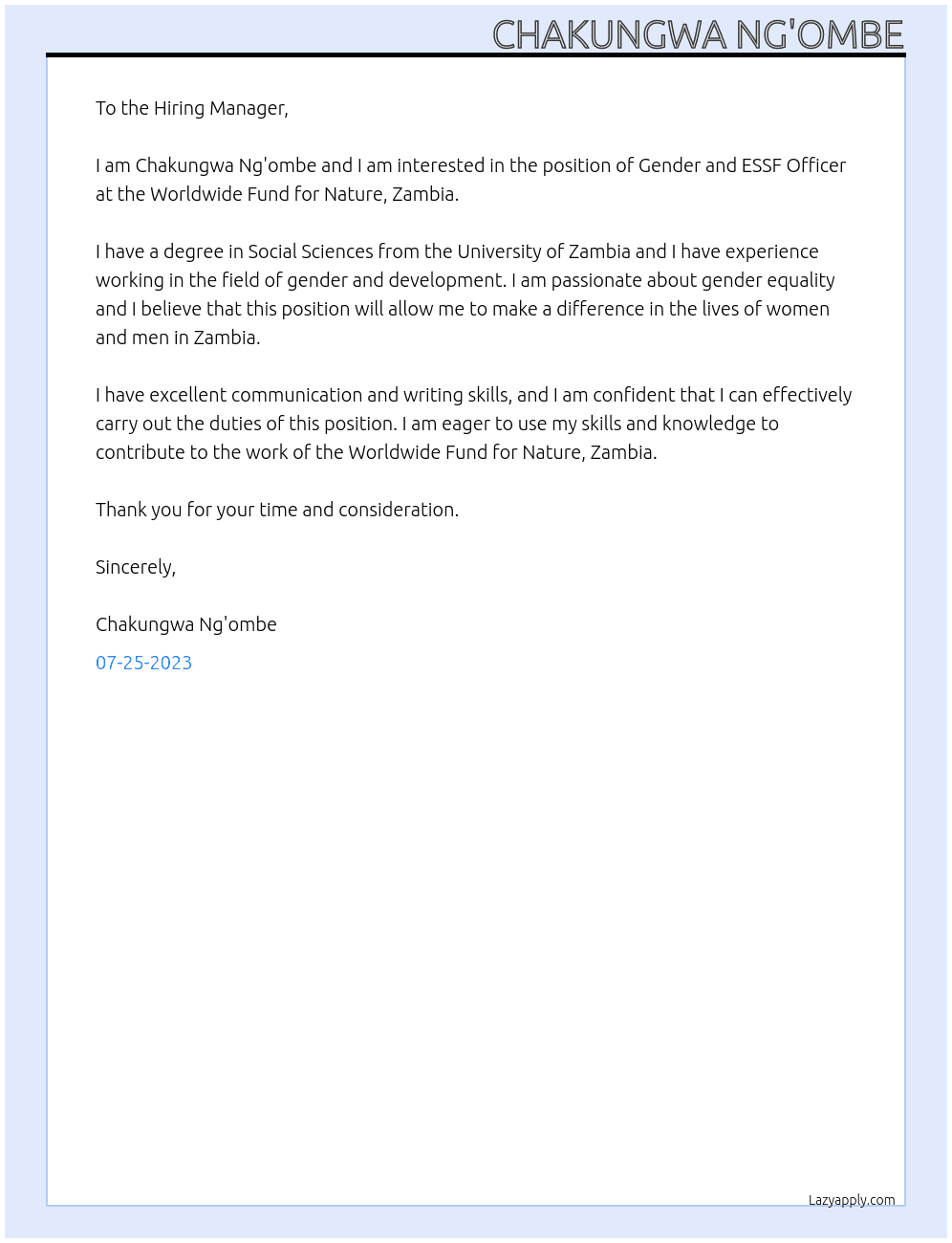 Gender and ESSF Officer At Worldwide Fund for Nature, Zambia Cover Letter
