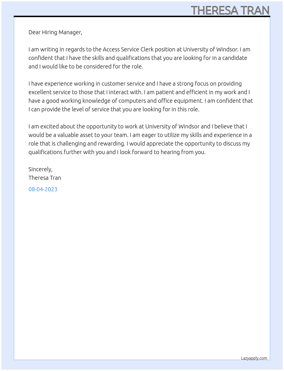 Access Service Clerk At University of Windsor Cover Letter