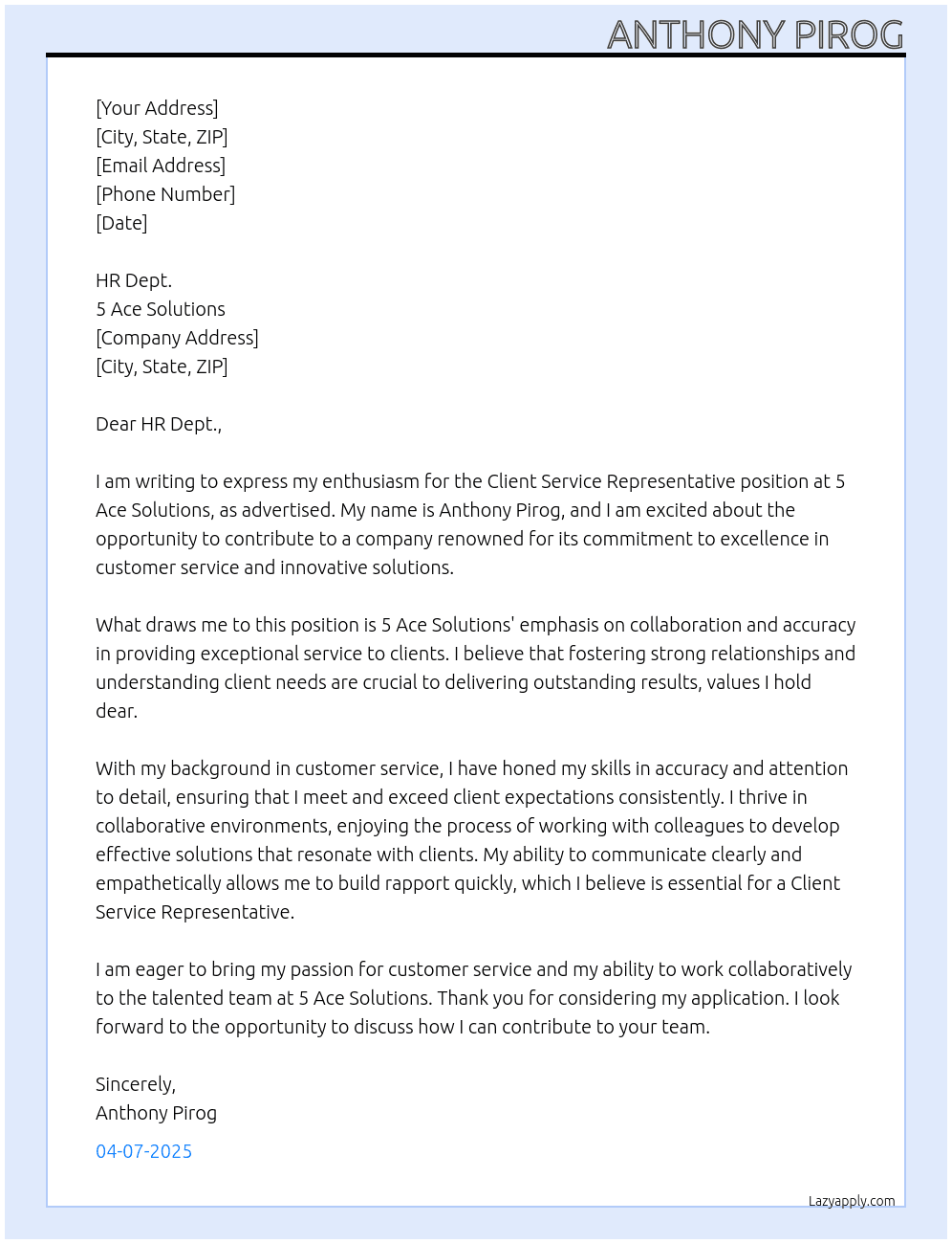 Client Service Representative At 5 Ace Solutions Cover Letter