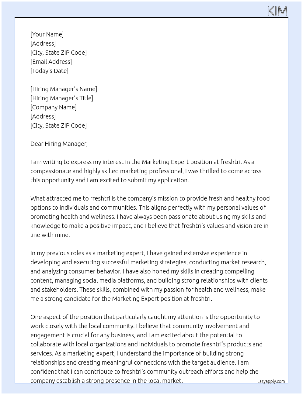 Marketing Expert  At freshtri Cover Letter
