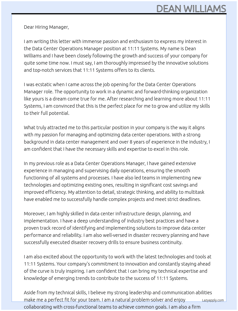 Data Center Operations Manager At 11:11 Systems Cover Letter