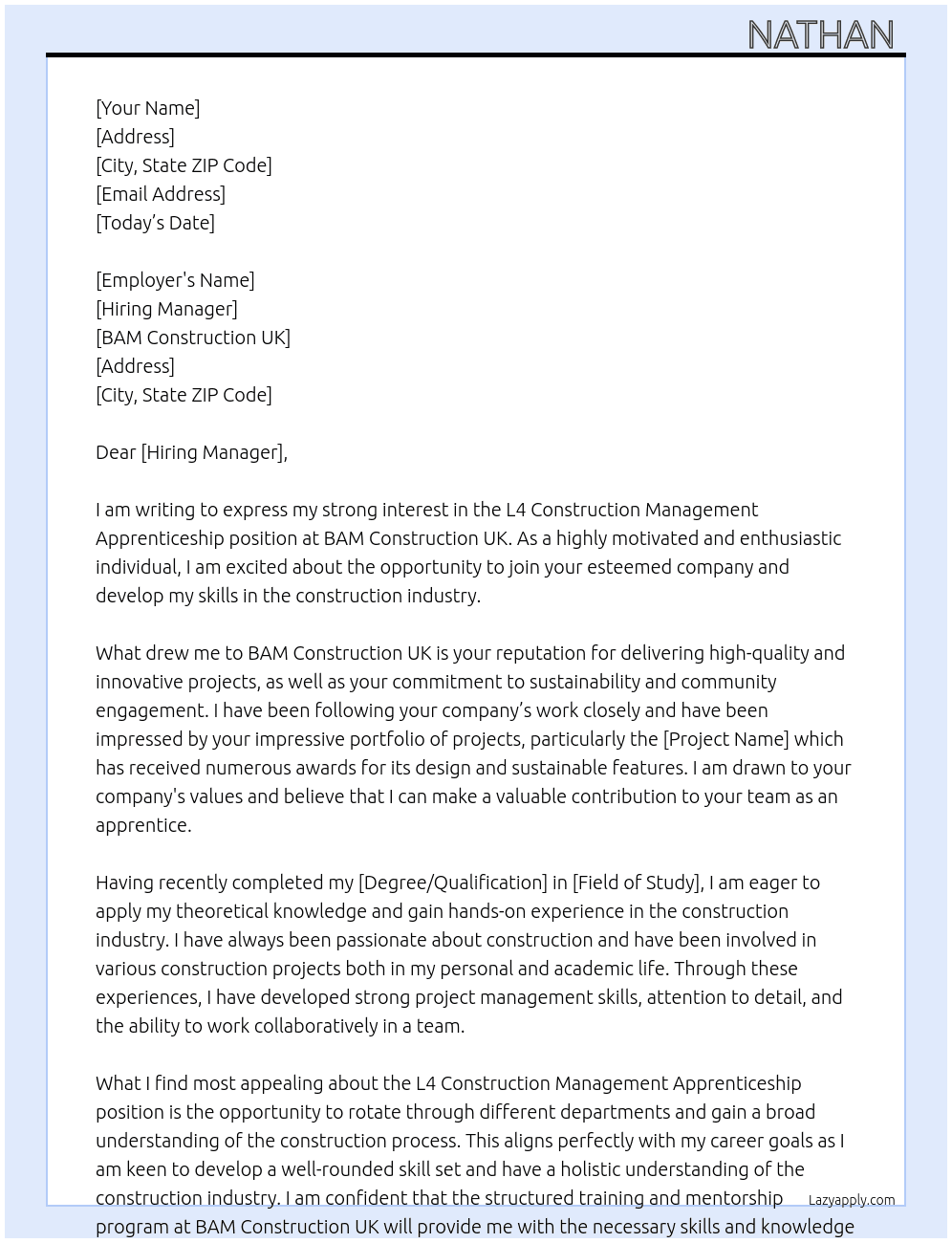 L4 Construction Management Apprenticeship At BAM consturction uk Cover Letter