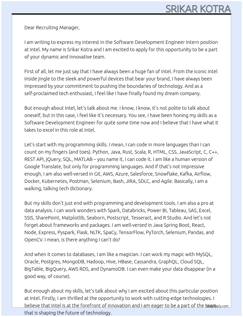 Software Development Engineer Intern At Intel Cover Letter