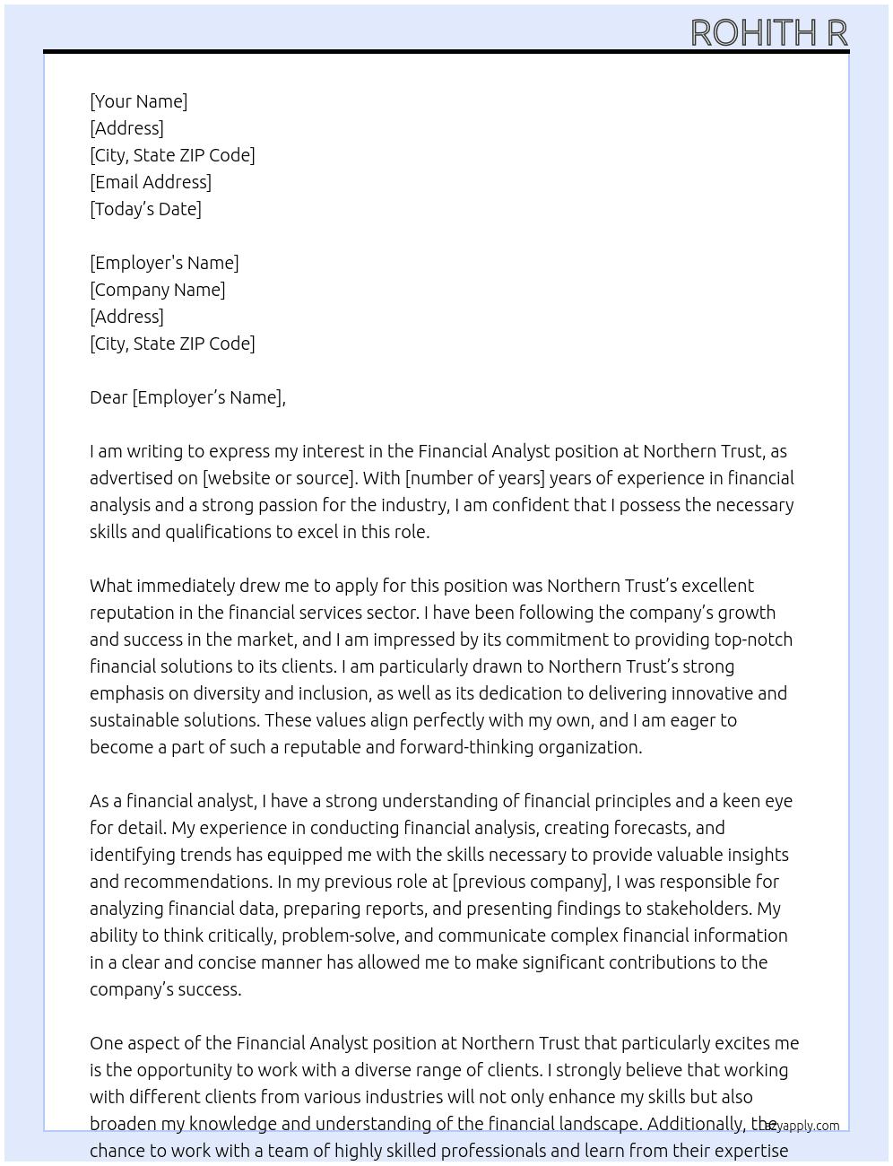 financial analyst At Northern Trust Cover Letter