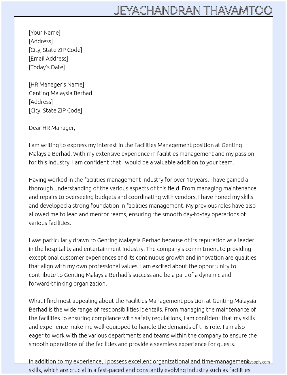 Facilities Management At Genting Malaysia Berhad Cover Letter