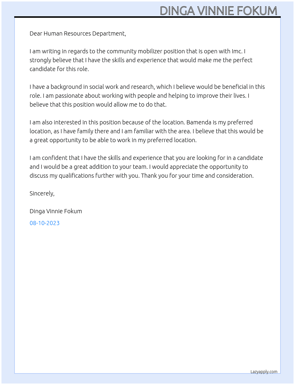 Community mobilizer At Imc Cover Letter