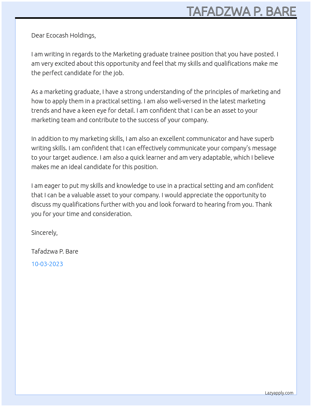 Marketing graduate trainee At Ecocash Holdings Cover Letter