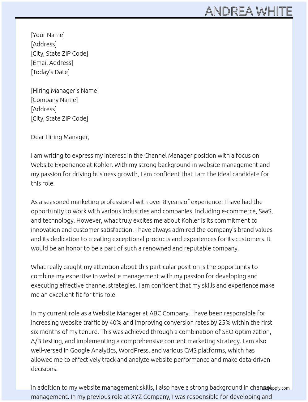 Channel Manager - Website Experience At Kohler Cover Letter
