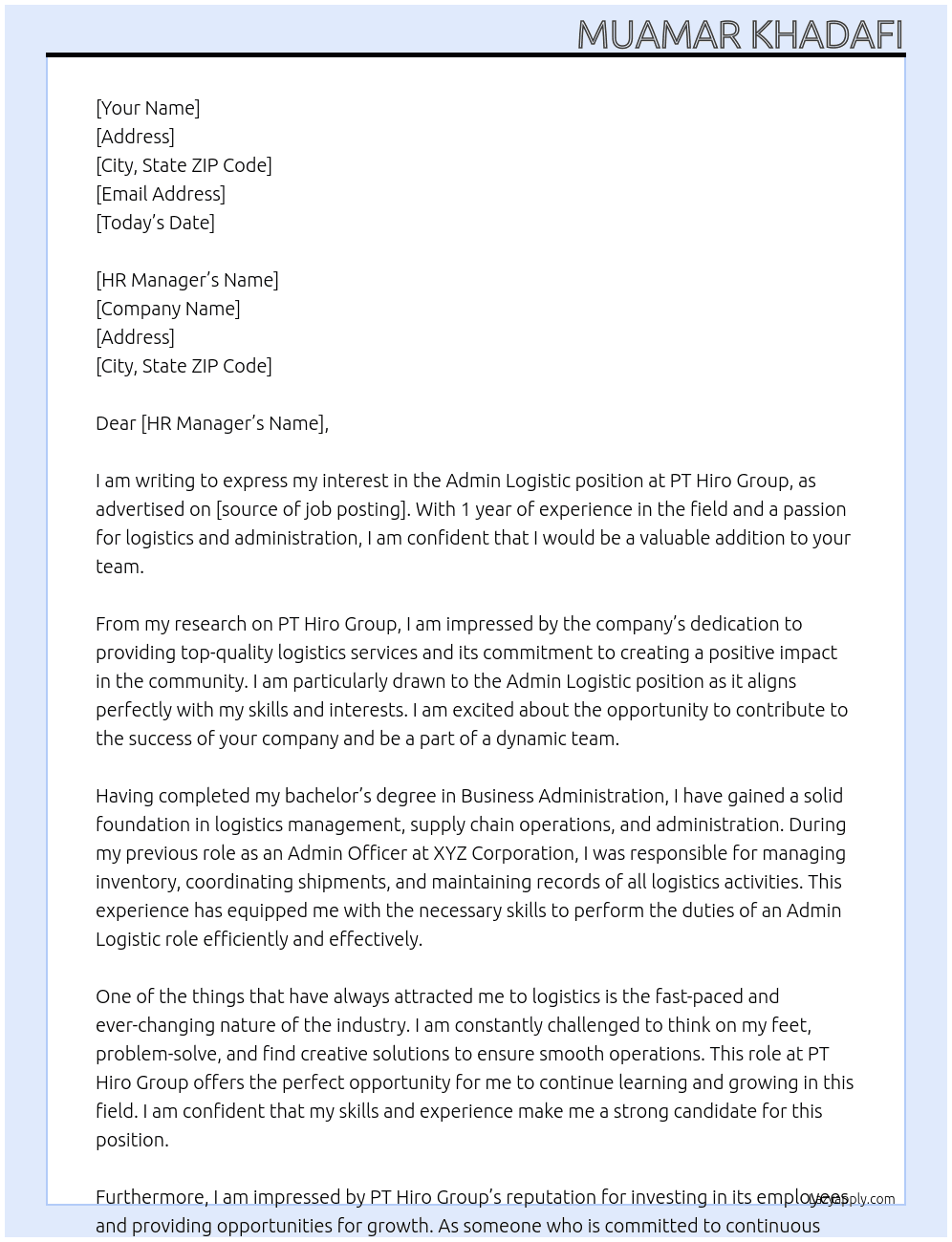 Admin Logistic At PT Hiro Group Cover Letter