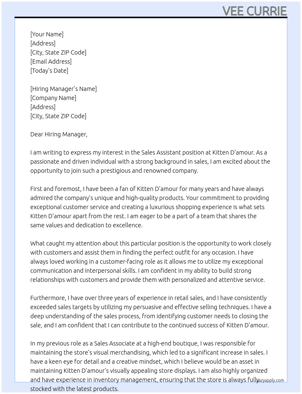 Sales Assistant  At Kitten D'amour Cover Letter