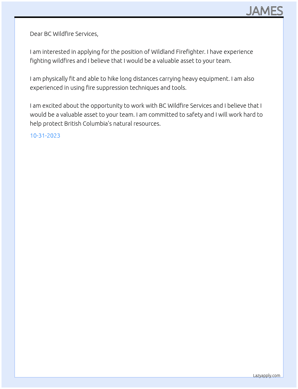 Wildland Firefighter Cover Letter At BC Wildfire Services Cover Letter
