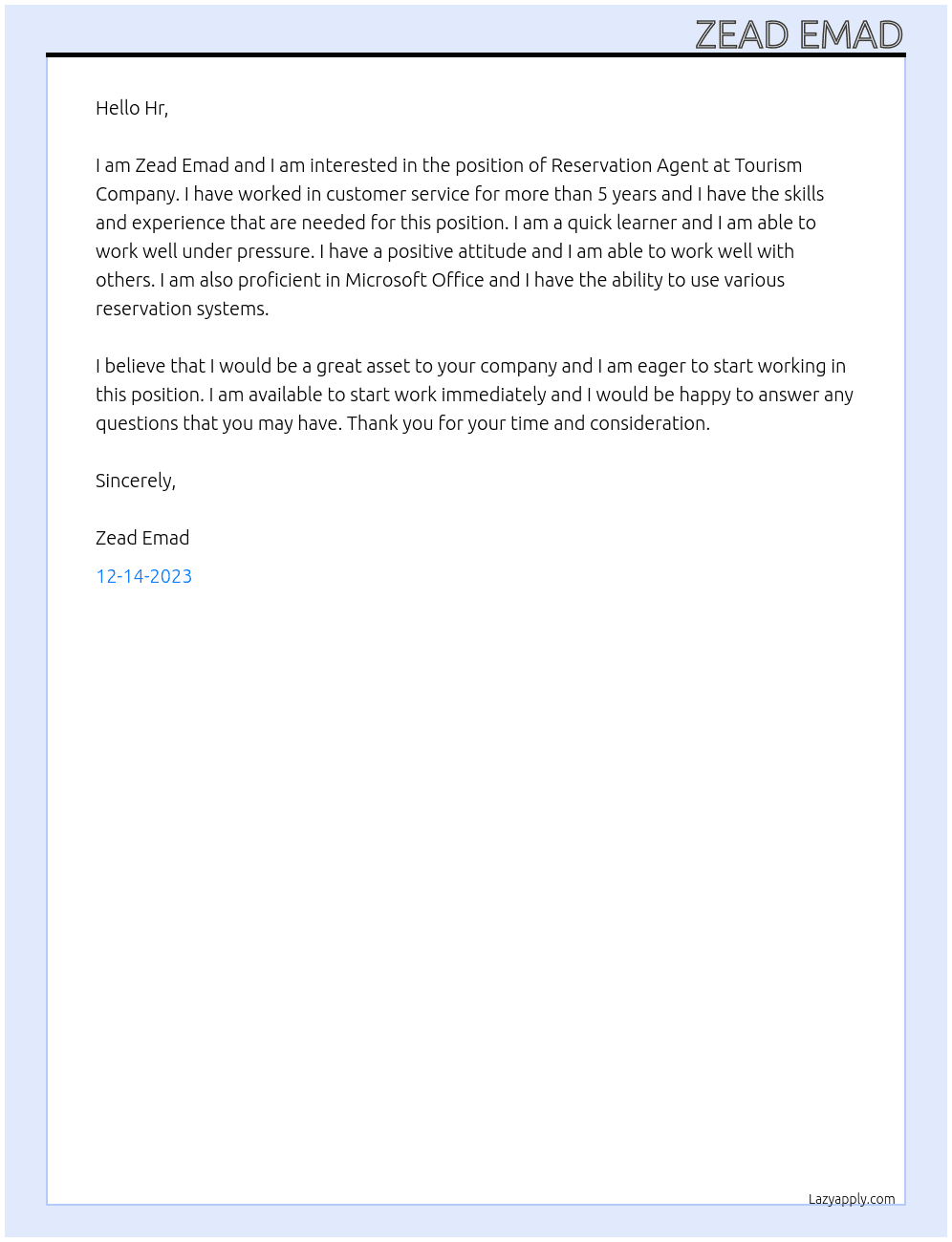 Reservation Agent  At Tourism Company  Cover Letter