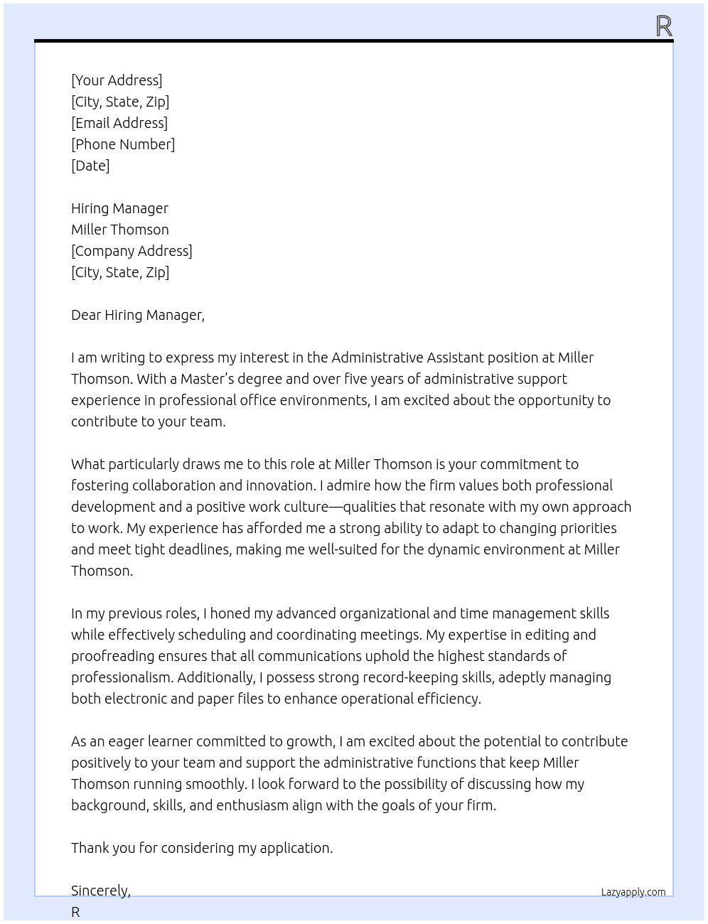 Administrative Assistant At Miller Thomson Cover Letter