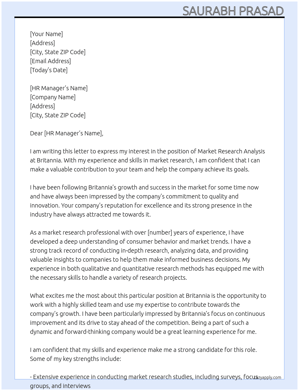 market research analysis At Britannia Cover Letter