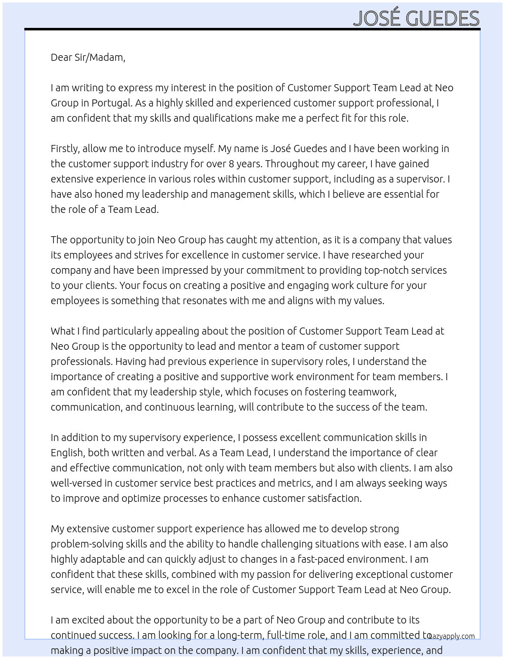 Customer Support Team Lead (Portugal) At Neo Group Cover Letter