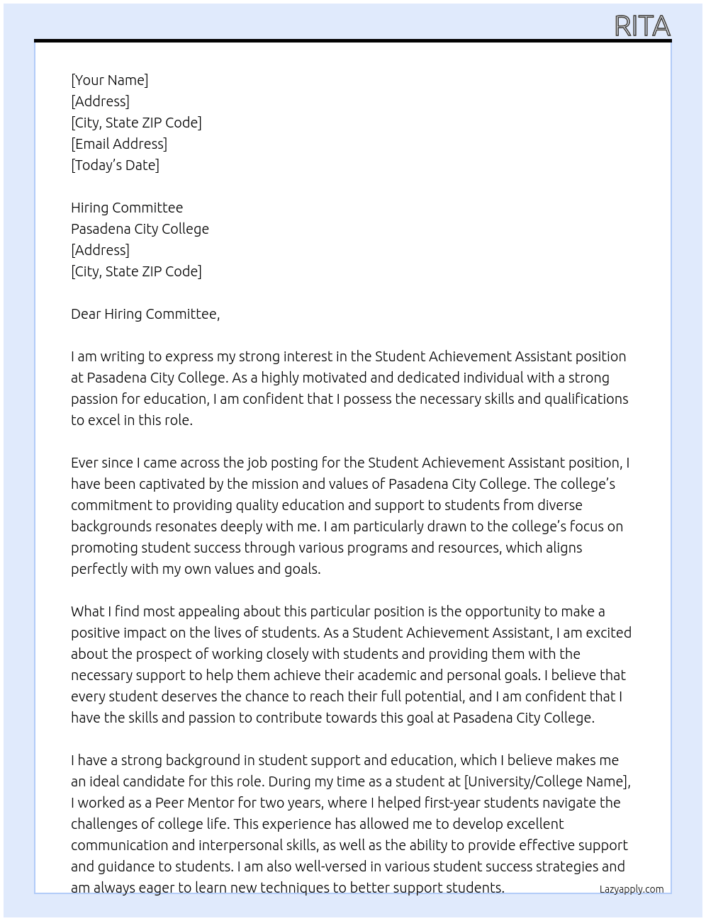 Student Achievement Assistant At Pasadena City College Cover Letter