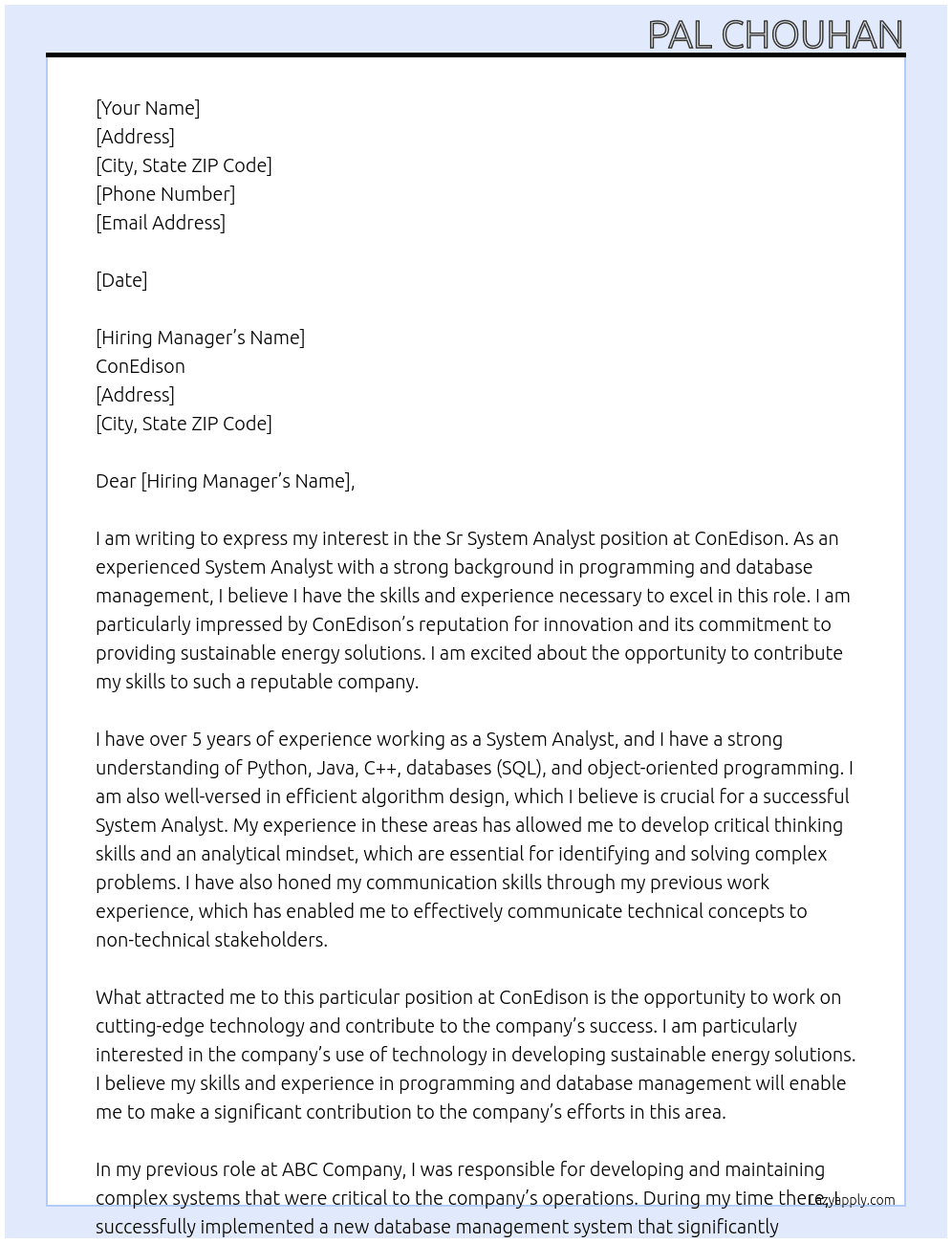 Sr System Analyst At ConEdison Cover Letter