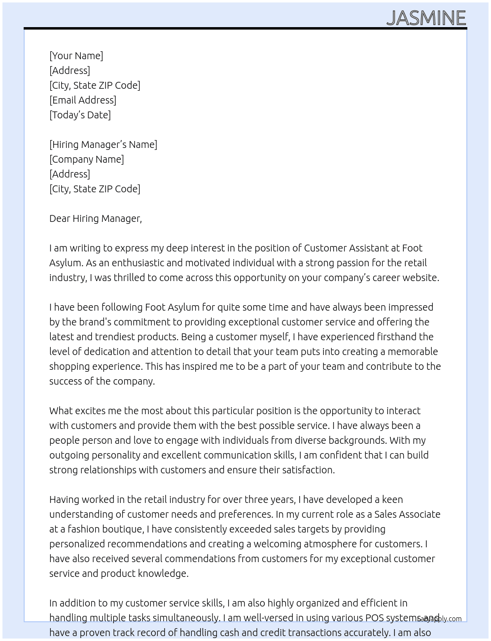 Customer assistant  At Foot asylum  Cover Letter
