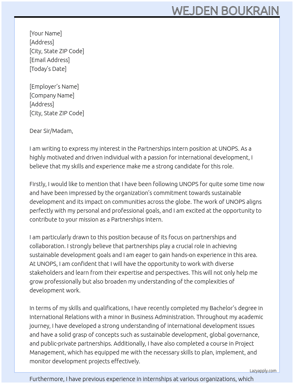 Partnerships Intern At UNOPS( Cover Letter